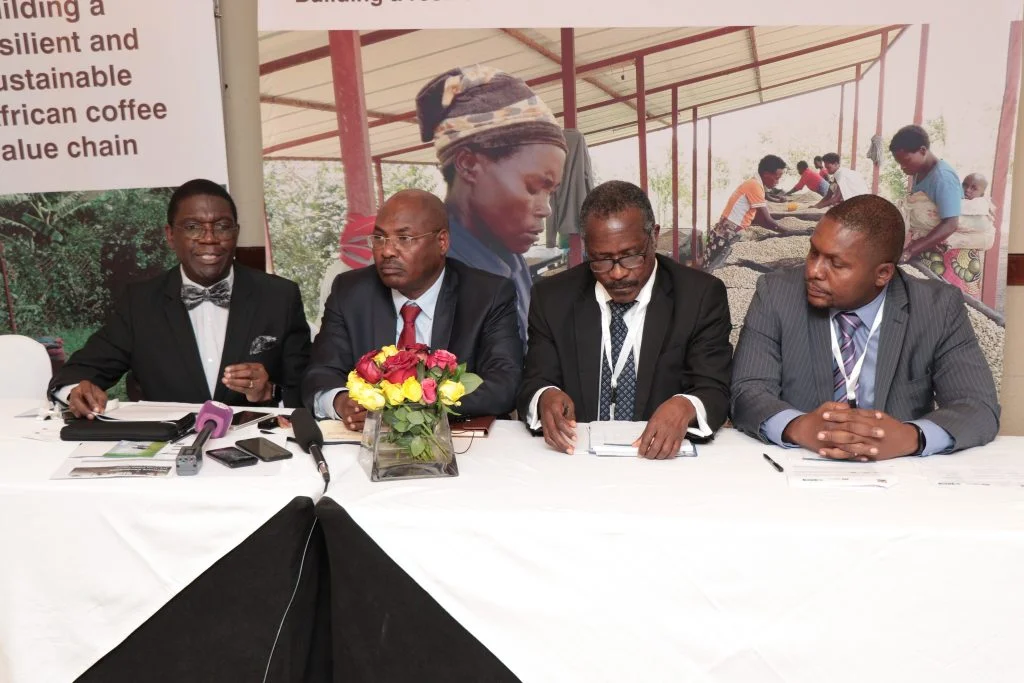 Stakeholders launch a $950m initiative aimed at boosting productivity for the coffee industry From left dr. Fred kawuma permanent secretary mr harry kimtaidr. Denis seudieudr. Morris akiri min