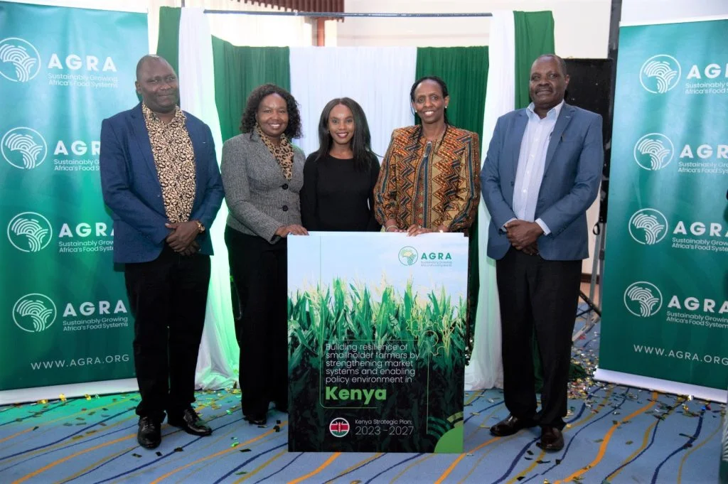 <strong><br>AGRA Unveils Strategy to Boost Food Security and Smallholder Farmer Resilience in Kenya</strong> From left Government officials Charles Kemboi Technical lead MSMES and Trade Dr. Irene Asienga advisor budgets and fiscal policy Elizabeth Chepkurui Advisor Gender Dr. Agnes Kalibata AGRA President