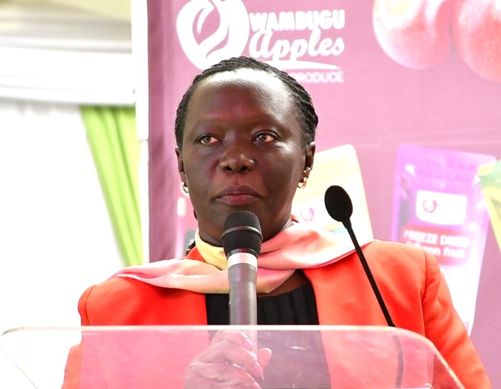 Wambugu Apple launches five freeze-dried fruit products Christine Chesaro Acting Director at the Horticultural Crops Directorate during the launch