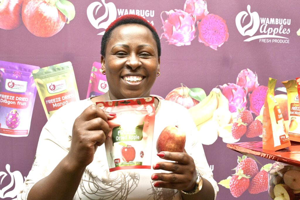 Wambugu Apple launches five freeze-dried fruit products Kate Wambugu displays the freeze dried apple product
