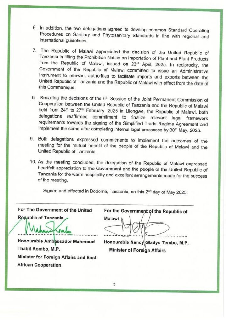 Tanzania,Malawi Trade to Resume Under New Bilateral Agreement The Joint Communique 2