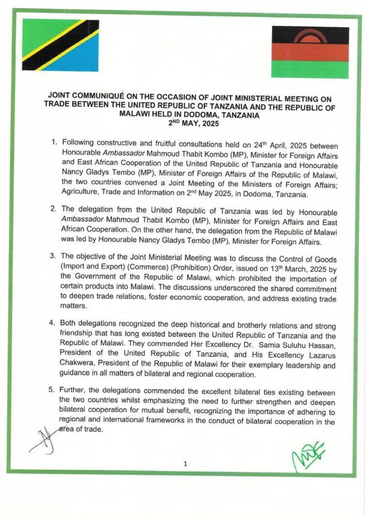 Tanzania,Malawi Trade to Resume Under New Bilateral Agreement The Joint Communique