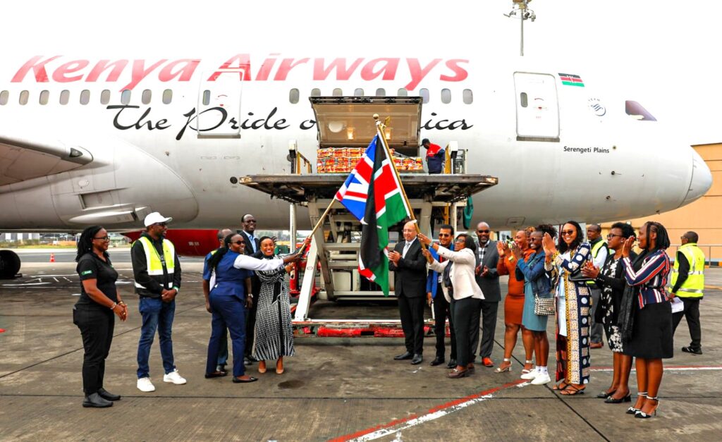 Lillian Mwai L Kenya Country Director at TradeMark Africa and Floice Mukabana CEO KEPROBA R flag off the consignment shipped to the UK