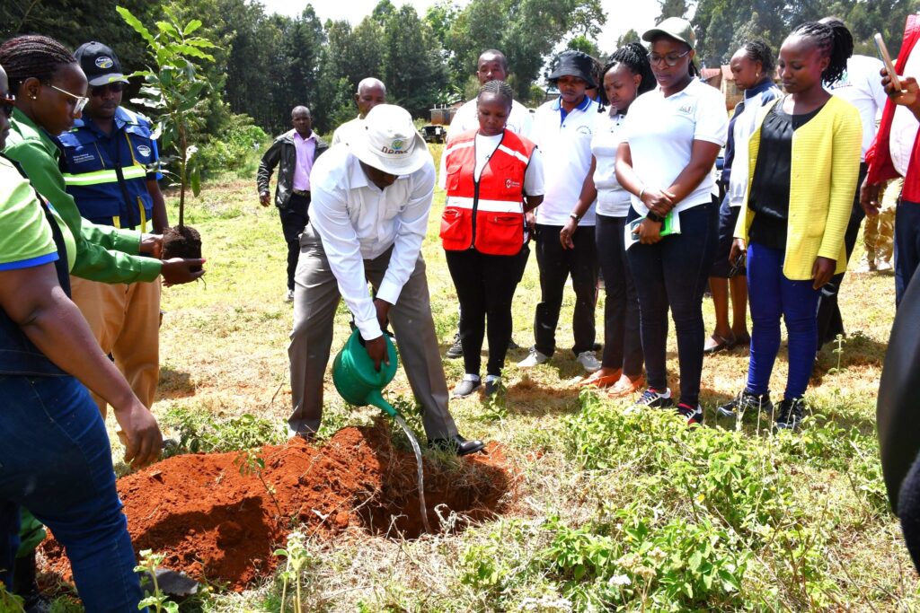 Central Regional Director of the National Environment Management Authority NEMA Parnwell Simitu plants a tree